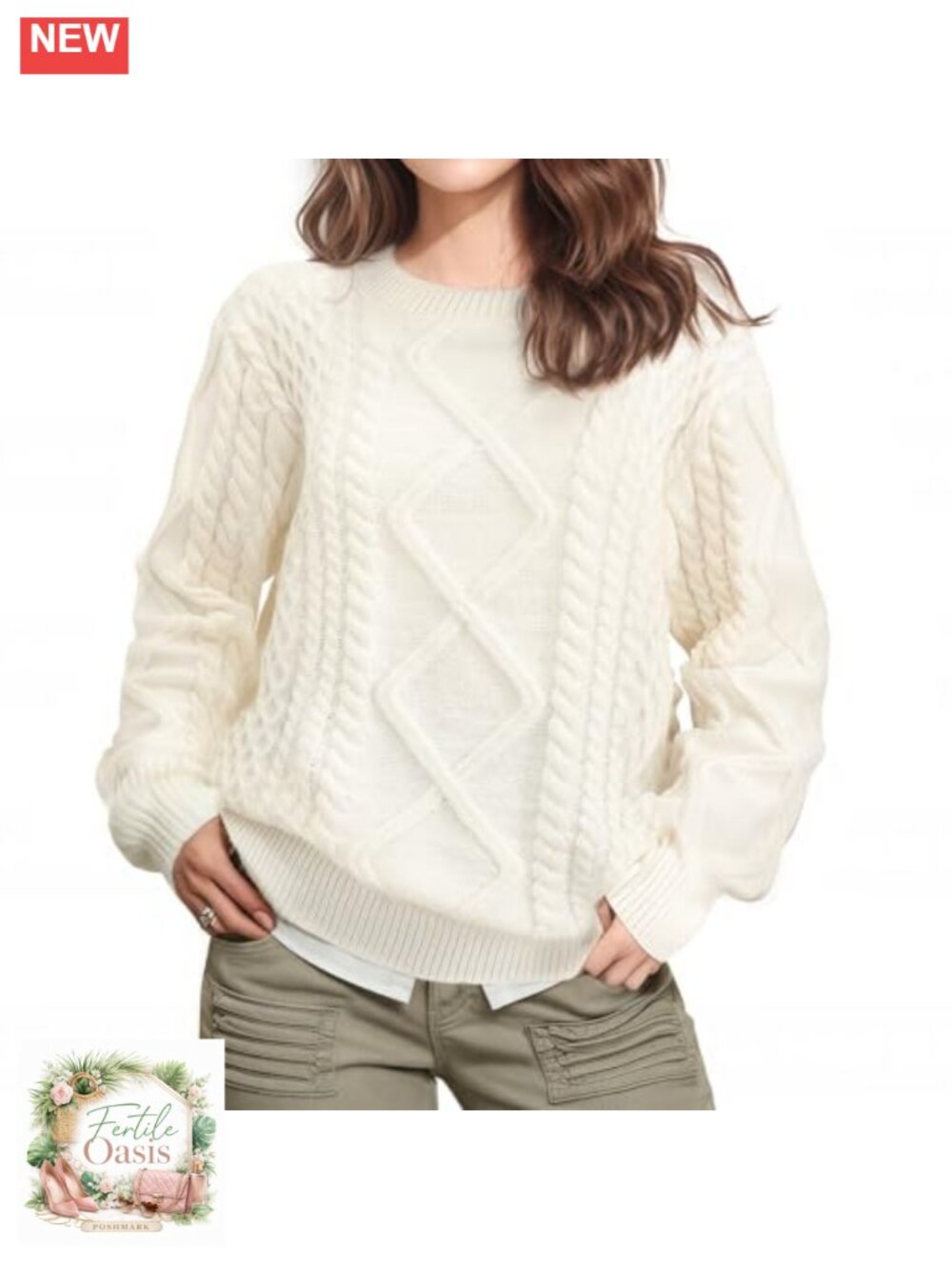 Women's Cable Knit Pullover Sweater Chunky Oversized Crew Neck Long Sleeve